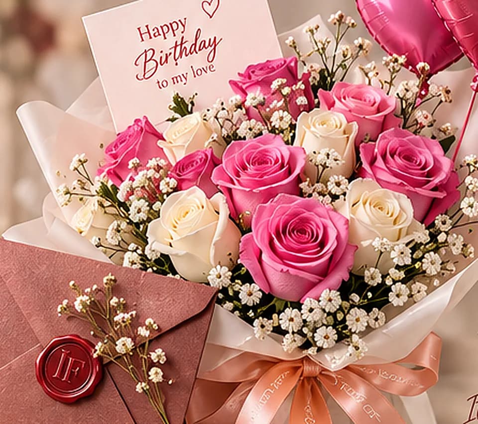 InstaFlowers signature pink and white rose bouquet with wax-sealed envelope and heart balloons