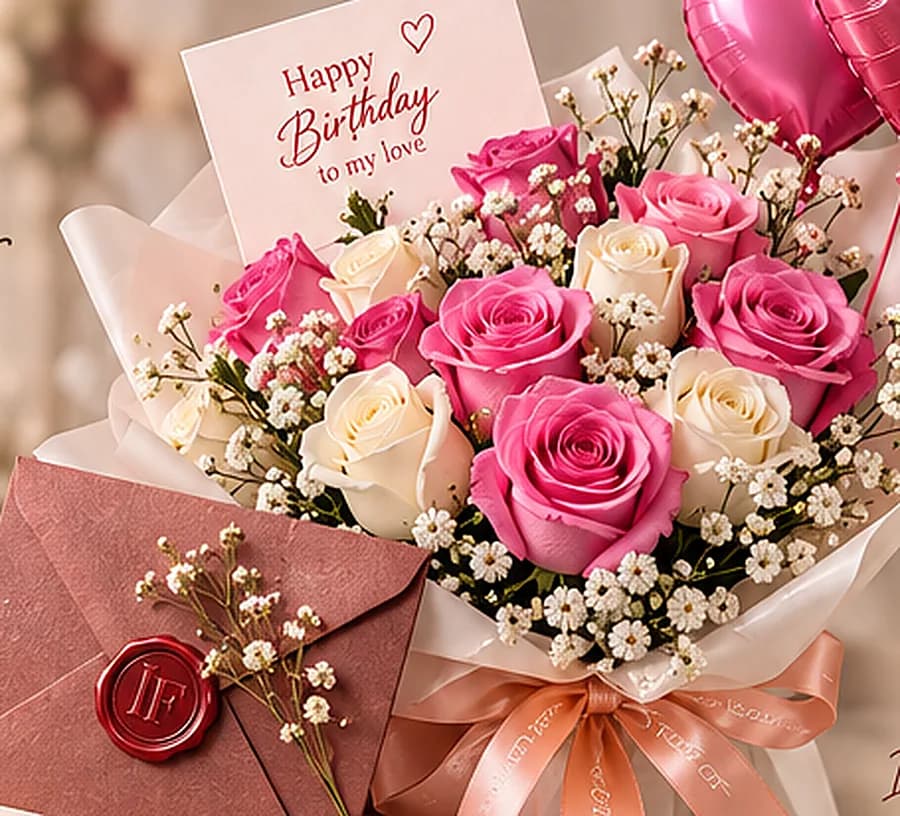 InstaFlowers bouquet with a handwritten message card and a wax-sealed burgundy envelope together