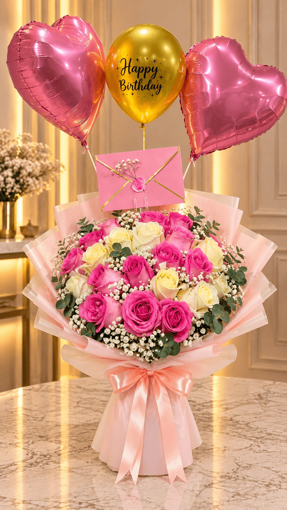 Birthday Bliss – Pink & White Roses with Balloons (30)