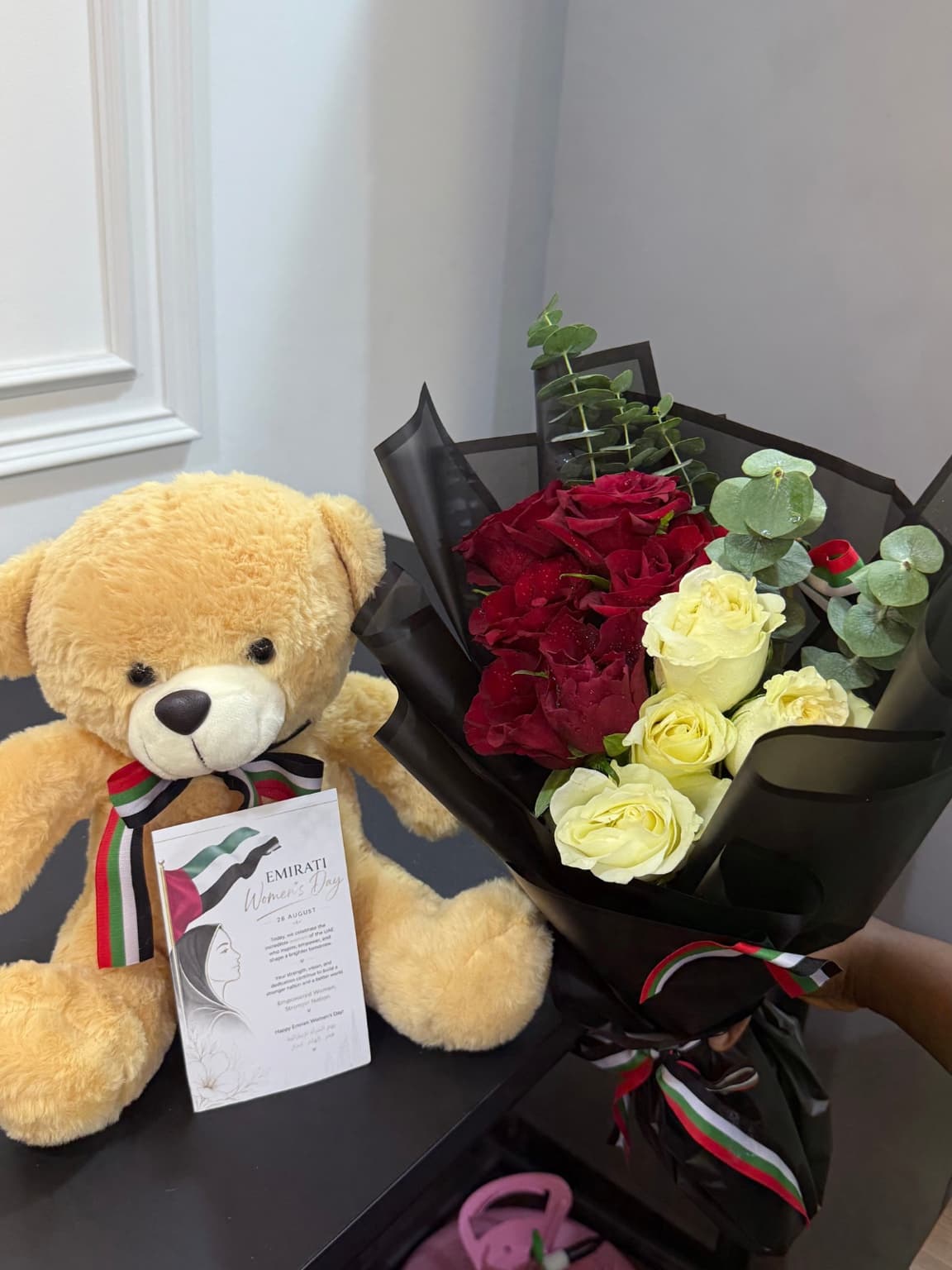 Sweet Embrace 10 Red & White Roses with Teddy