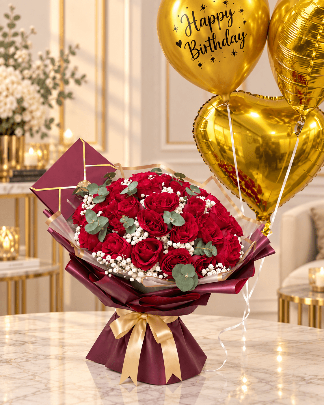 Luxury Red Rose Birthday Bouquet with Golden Birthday Balloons(50)