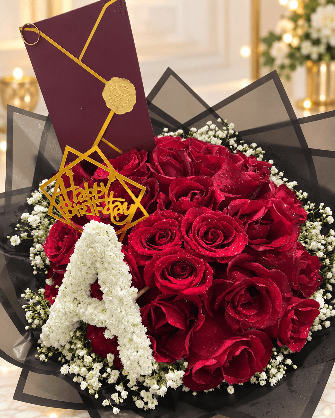 50 Red Roses with Custom Letter & Birthday Tag