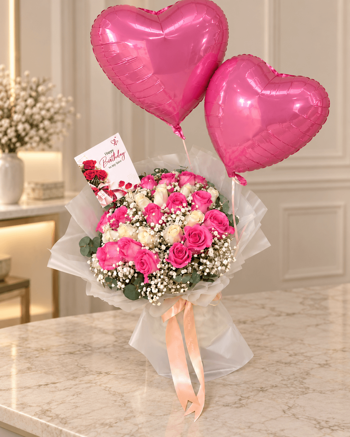 Romantic Pink & White Rose Birthday Bouquet with two heart shaped helium Balloons