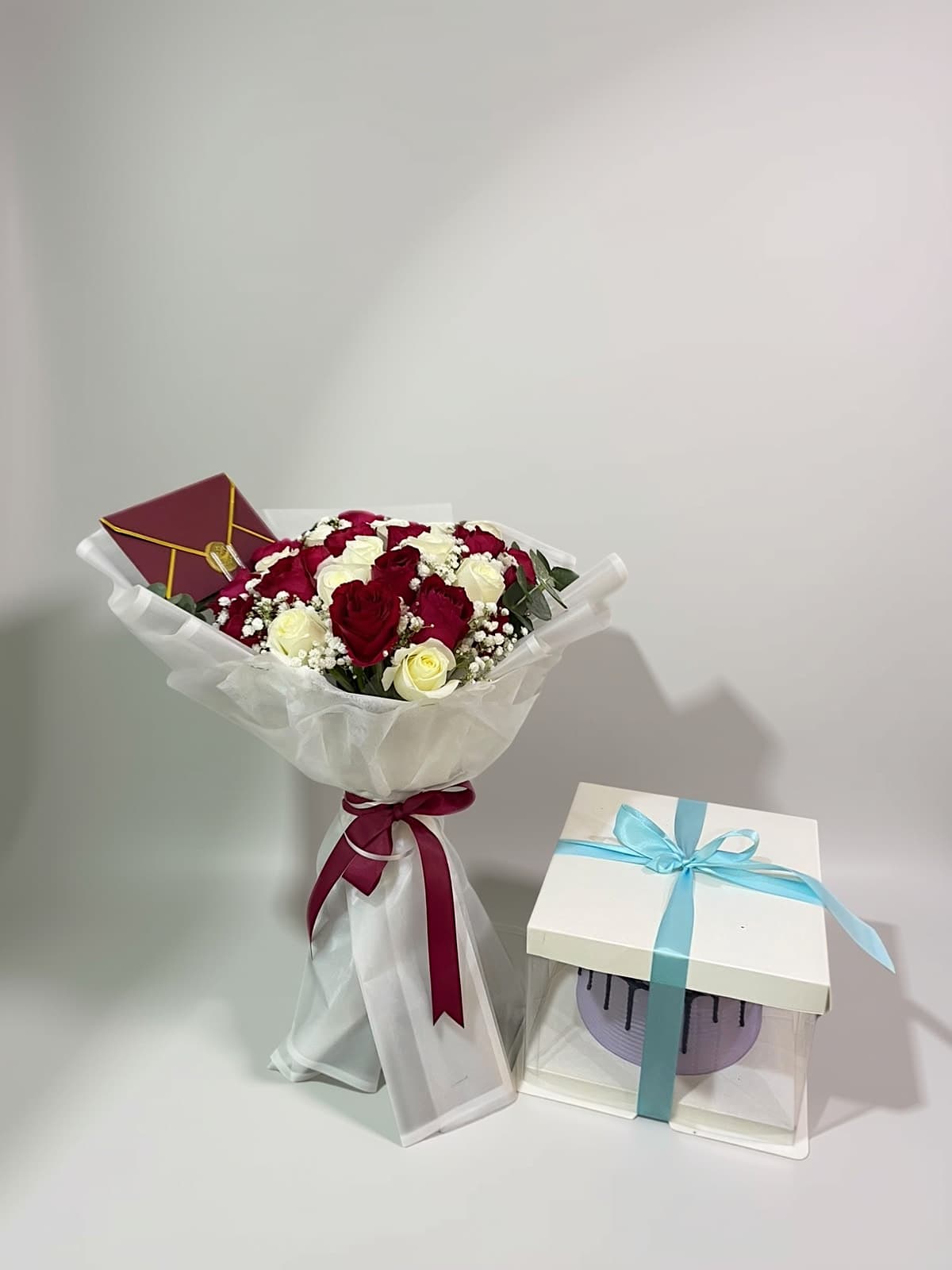 Red & White Roses with Cake