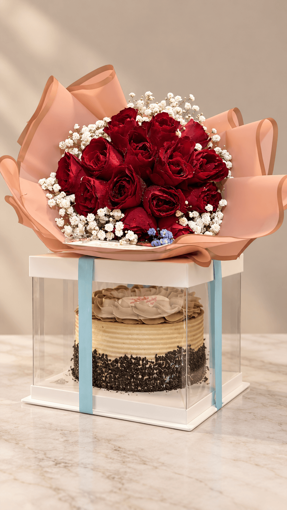 Red Rose Bouquet with Cake ( Chocolate, Mocha, Red Velvet, Dulce)