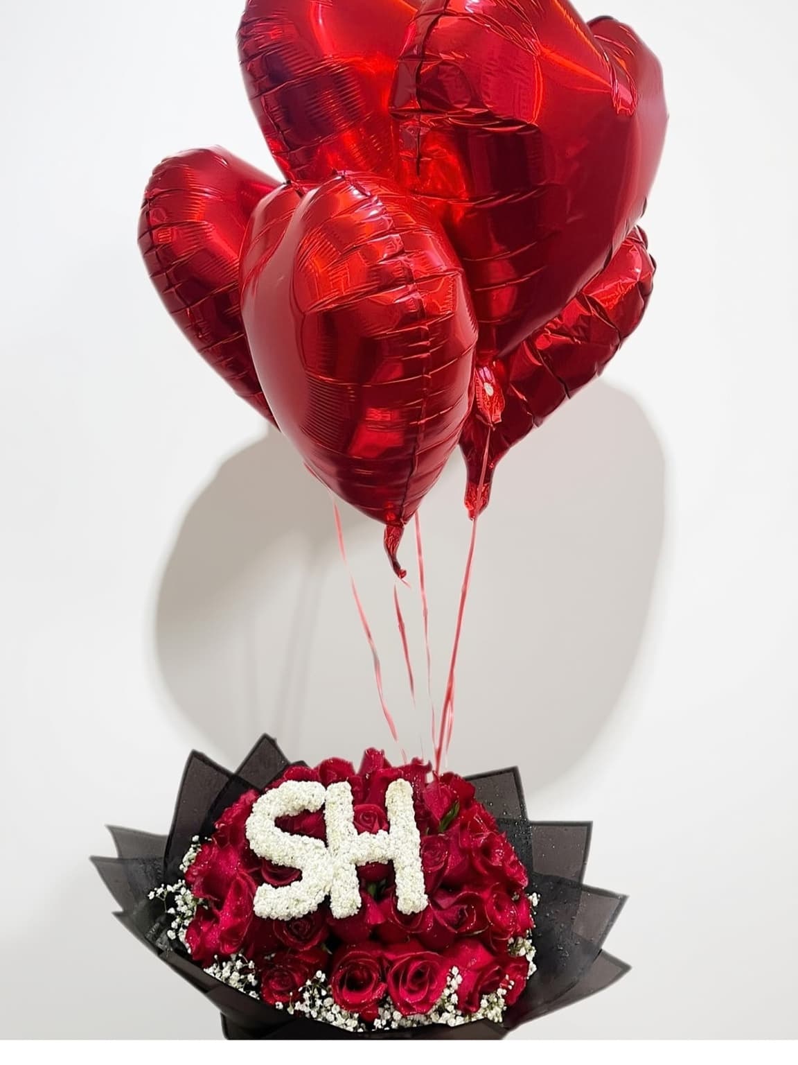 Personalised 50 Red Roses & Five Heart Balloons