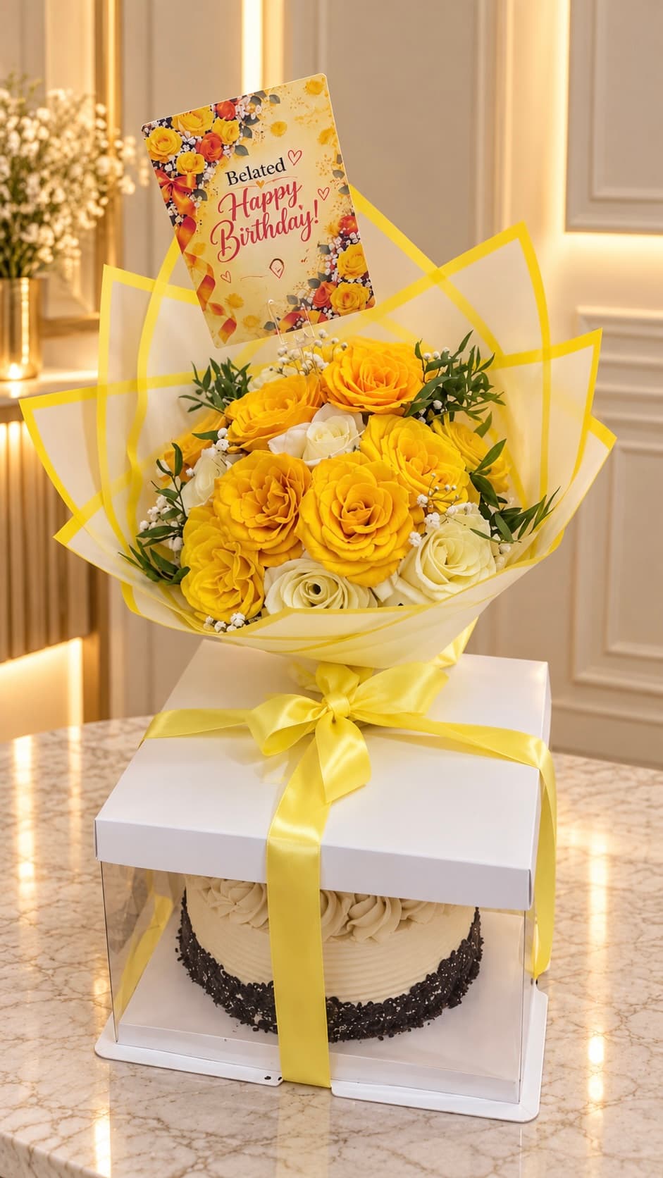 Yellow & White Roses with Half-Kilo Cake