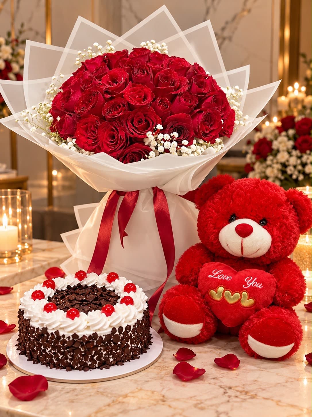 Luxury 50 Red Roses, Chocolate Cake & Teddy Bear Gift Set