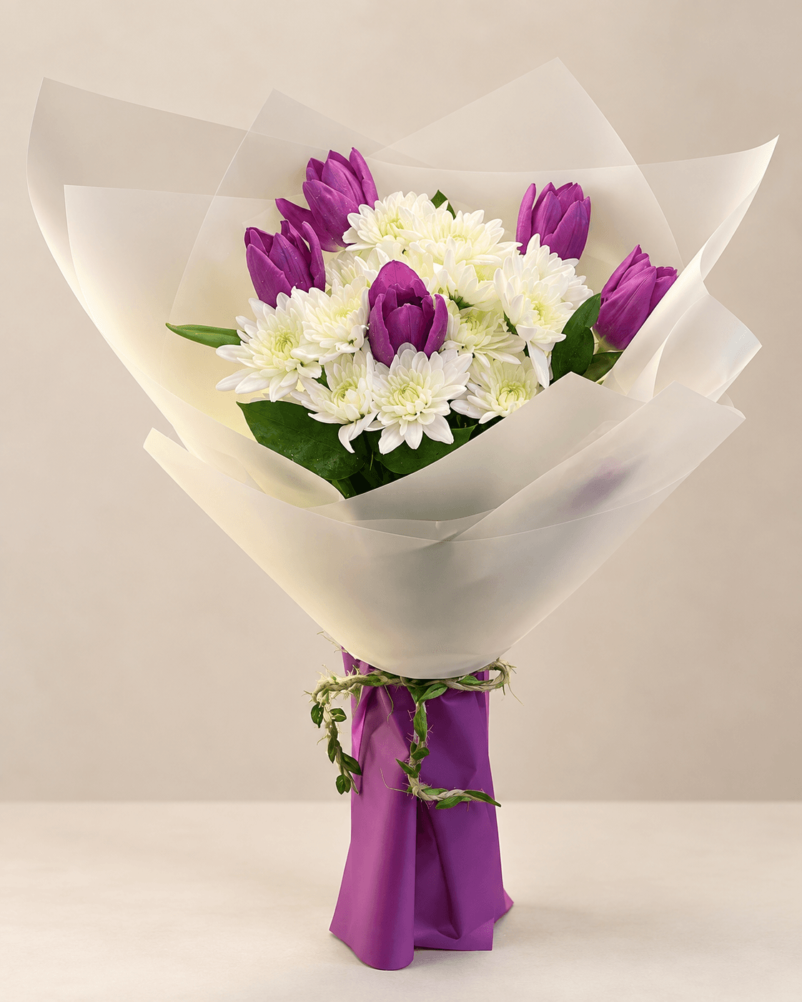 Purple Tulips & White Chrysanthemums