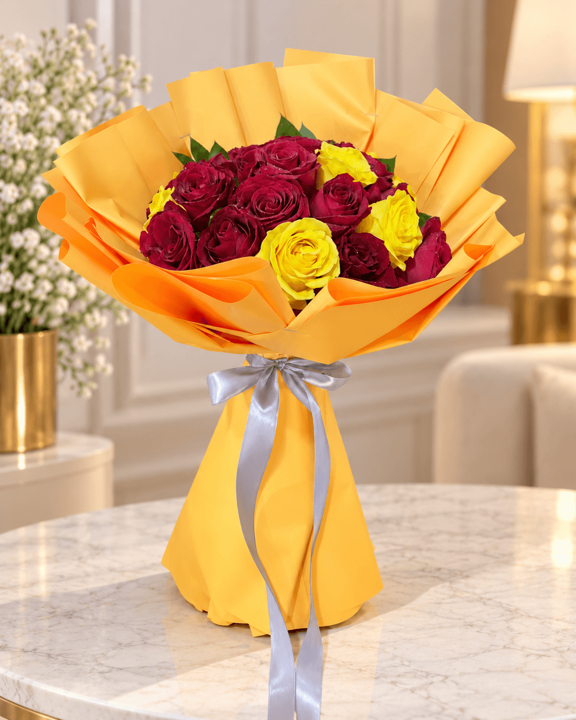 Red & Yellow Roses in Orange Wrap