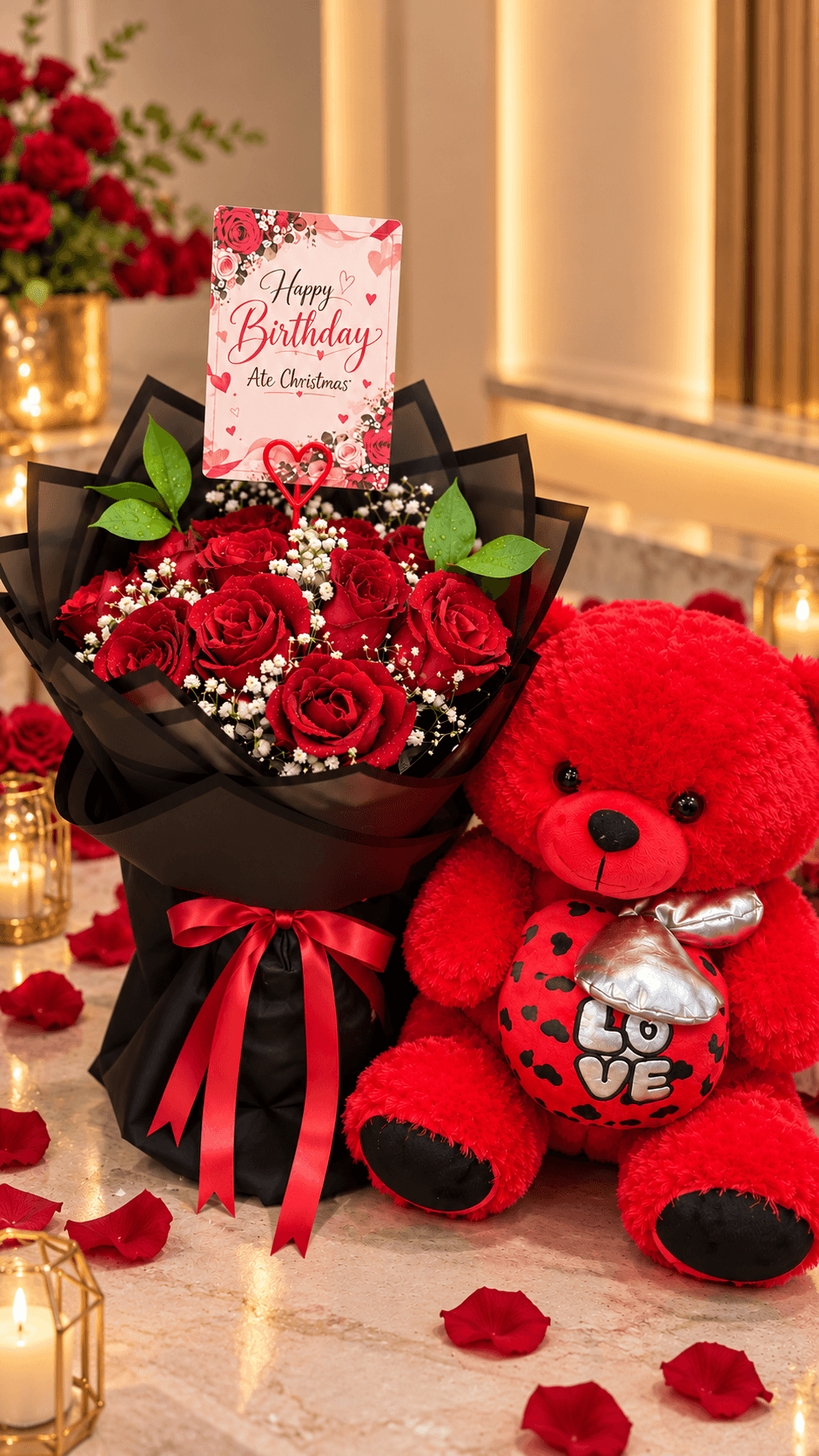 14 Red Roses & Teddy Bear Birthday Gift Set (35cm)