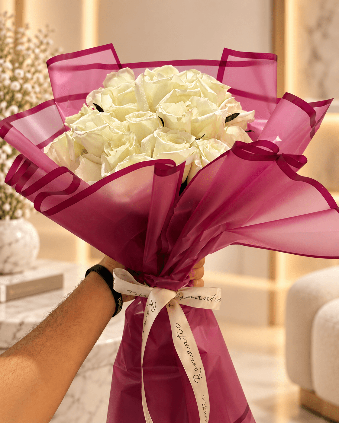 Ivory Rose Bouquet in Magenta Wrap